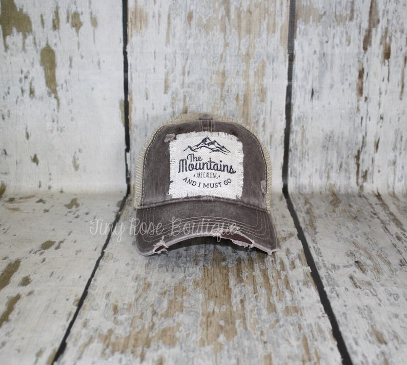 The Mountains are Calling and I Must Go Patch Hat, Distressed Brown Trucker Hat image 1