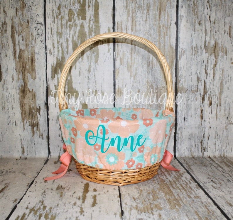 Basket Liner Coral and Aqua Floral Fabric Comes Personalized image 1