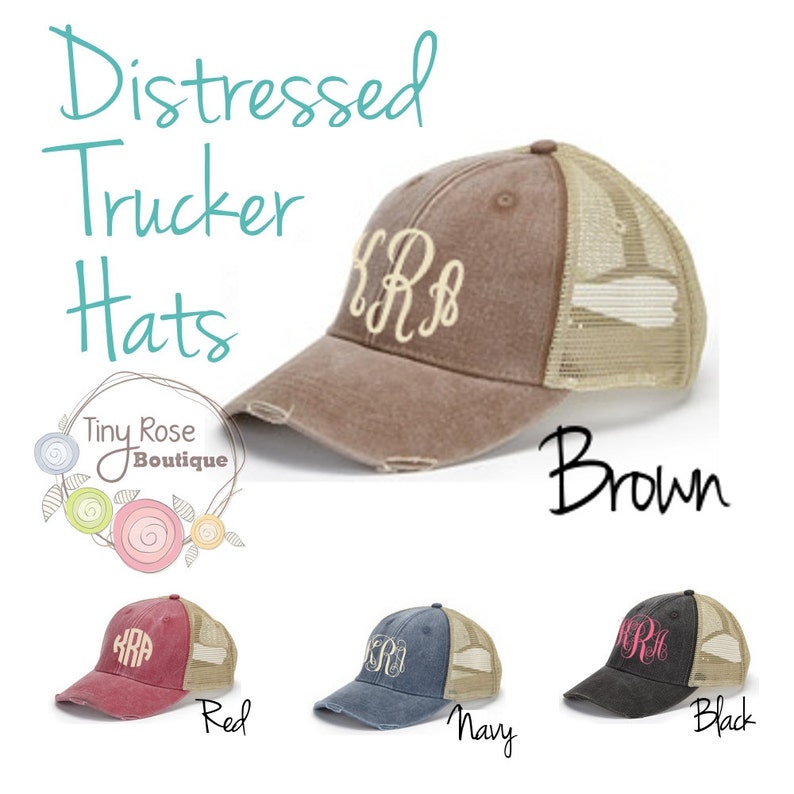 Monogrammed Trucker Hat, Distressed Brown Trucker Hat Personalized Ball Cap, Mesh Trucker Hat image 4