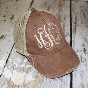 Monogrammed Trucker Hat, Distressed Brown Trucker Hat Personalized Ball Cap, Mesh Trucker Hat image 1