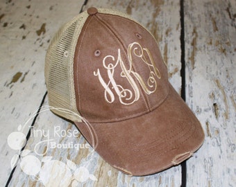 Monogrammed Trucker Hat, Distressed Brown Trucker Hat - Personalized Ball Cap, Mesh Trucker Hat