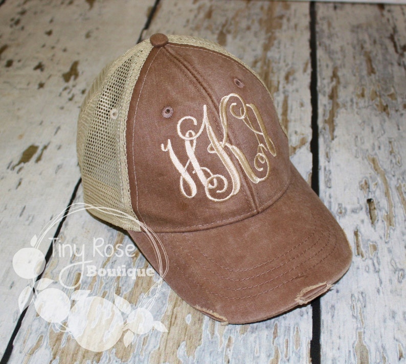 Monogrammed Trucker Hat, Distressed Brown Trucker Hat Personalized Ball Cap, Mesh Trucker Hat image 1