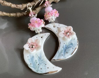 Half Moon Earrings, Flower Earrings, Porcelain, Artisan Lampwork, Handmade