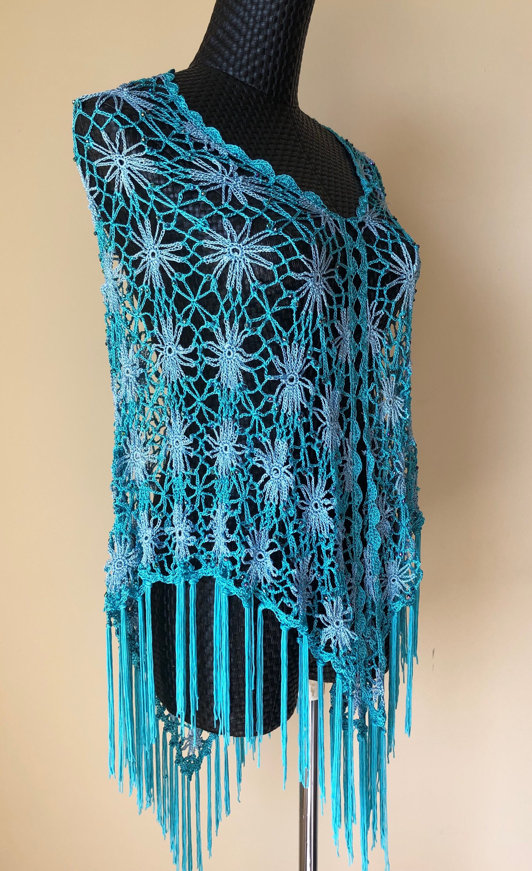 thumbnail image 2 of Hand Crochet Blue Poncho With Beaded Fringe - One Size, Women's 2 of 5