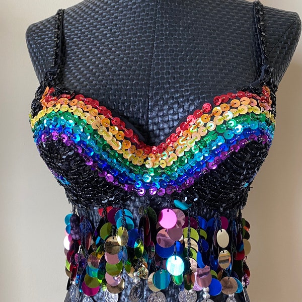 Professional unique sequin Rainbow Belly Dance Bra top - 34-36 AB