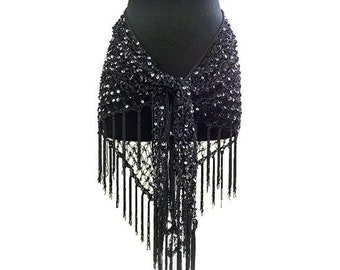 Belly Dance Sequin Crochet Hip Scarf and Shawl - black