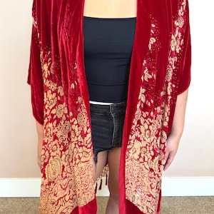 Hand made 100%silk burnout velvet beaded English Rose Tassels Jacket kimono - red
