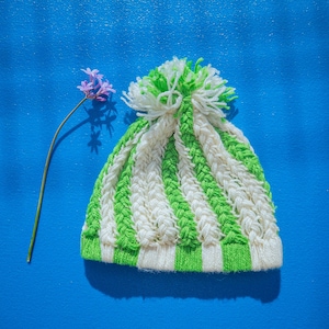 Green Crochet Beanie – Wool Pom Pom Hat – Handmade Textured Winter Cap – Cozy Boho Beanie – Unisex Gift Idea