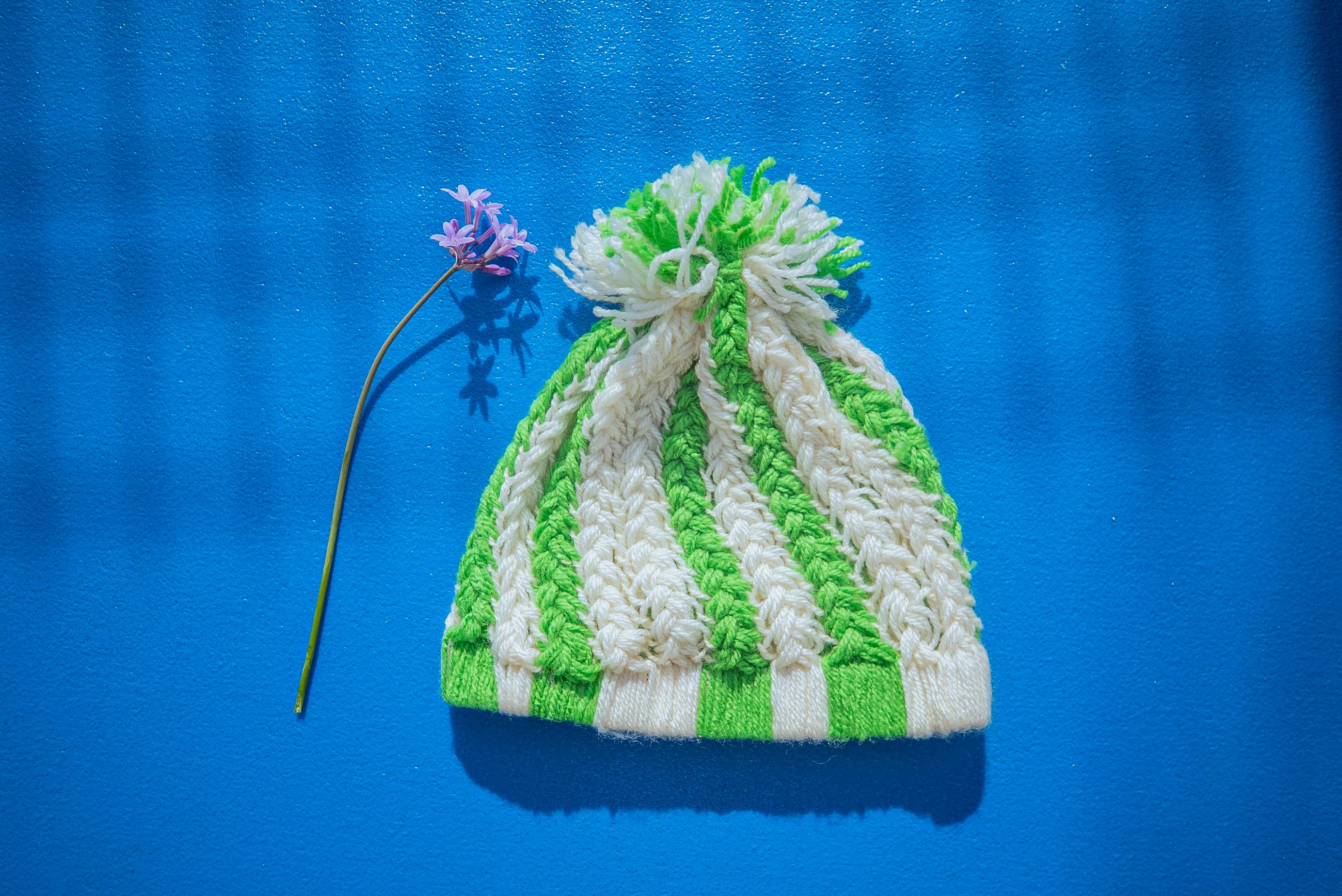 Green Crochet Beanie – Wool Pom Pom Hat – Handmade Textured 