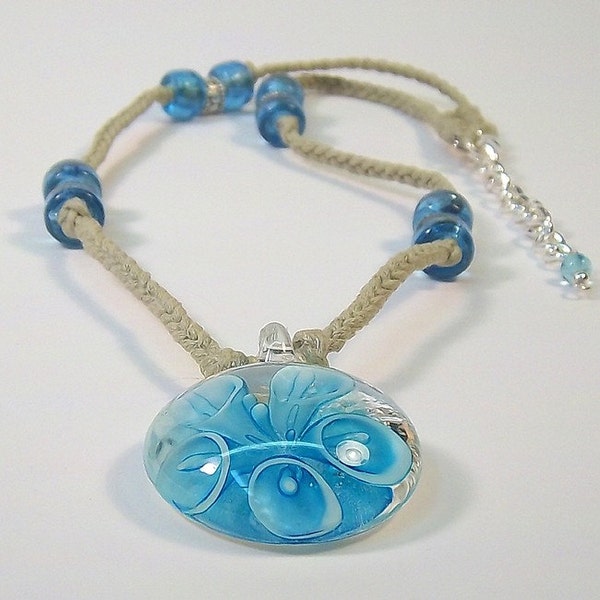 Lampwork Glass 3D Surreal Blue Flower with vintage beads