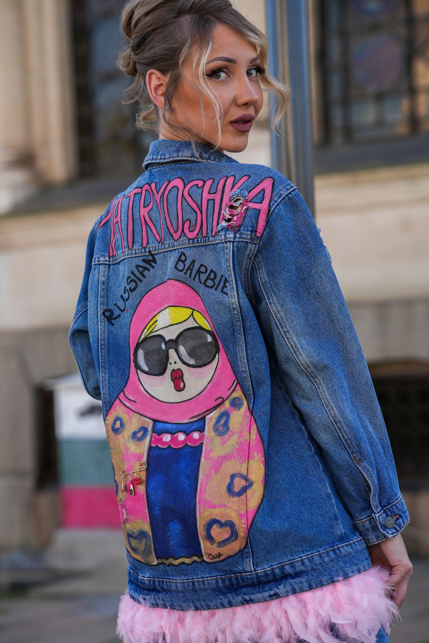 Custom Denim Jacket Matryoshka – Hand Painted Textile – Russian