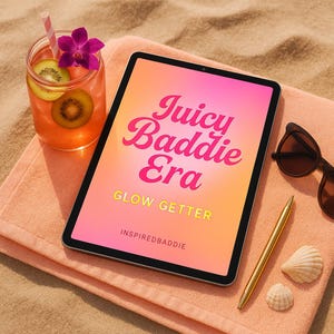 Puede incluir: Una tableta que muestra el texto "Juicy Baddie Era" y "Glow Getter" en rosa y amarillo, sobre una toalla color melocotón. También hay un cóctel con rodajas de kiwi y una flor, gafas de sol, un bolígrafo y conchas marinas.