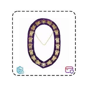 May include: A purple velvet collar with gold-colored emblems and a gold chain. The collar is oval-shaped and features intricate detailing. The emblems are evenly spaced around the collar's edge, creating a decorative and ceremonial appearance.
