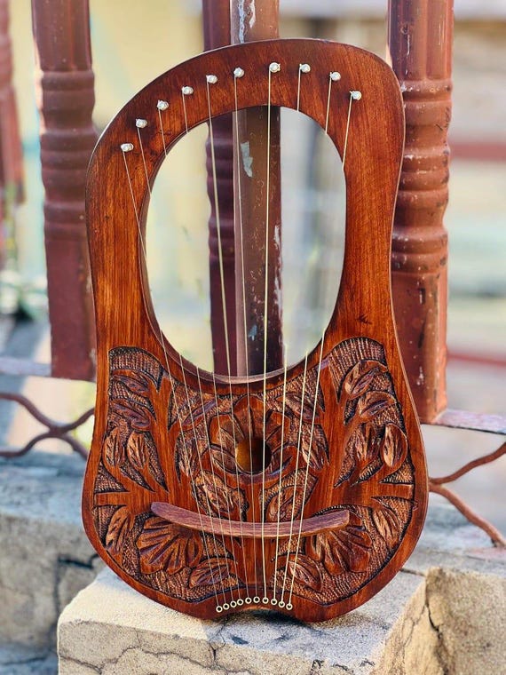 Handcrafted Rosewood Floral Lyre Harp 10 Strings, Ancient Folk Instrument with Gig Bag and Tuning Key, Small Lap Harp Gi
