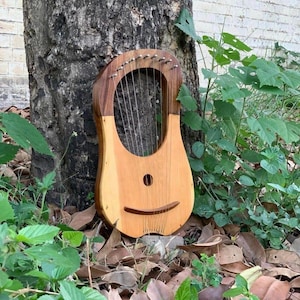 May include: A wooden lyre featuring a two-tone design with a darker wood top section and a lighter wood body. The instrument has seven vertical metal strings, a central circular sound hole, and a curved wooden bridge across the lower front panel.