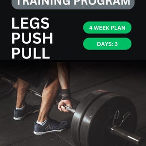 Può includere: Una persona che solleva un bilanciere in una palestra. L'immagine fa parte di un programma di allenamento per gambe, push e pull. Il programma è un piano di 4 settimane con 3 giorni a settimana.