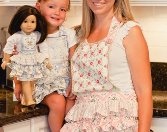 Ruffle Apron pattern set (Adult, Child and Doll) Sewing patterns and Tutorial