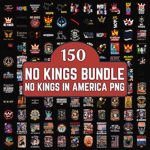 以下が含まれることがあります： 「No Kings」をテーマにした150個のPNGグラフィックのバンドル。デザインには、「No Kings in America」、「Resist」、「Democracy Depends on Us」などのスローガンやイラストが含まれています。グラフィックは赤、黒、白です。