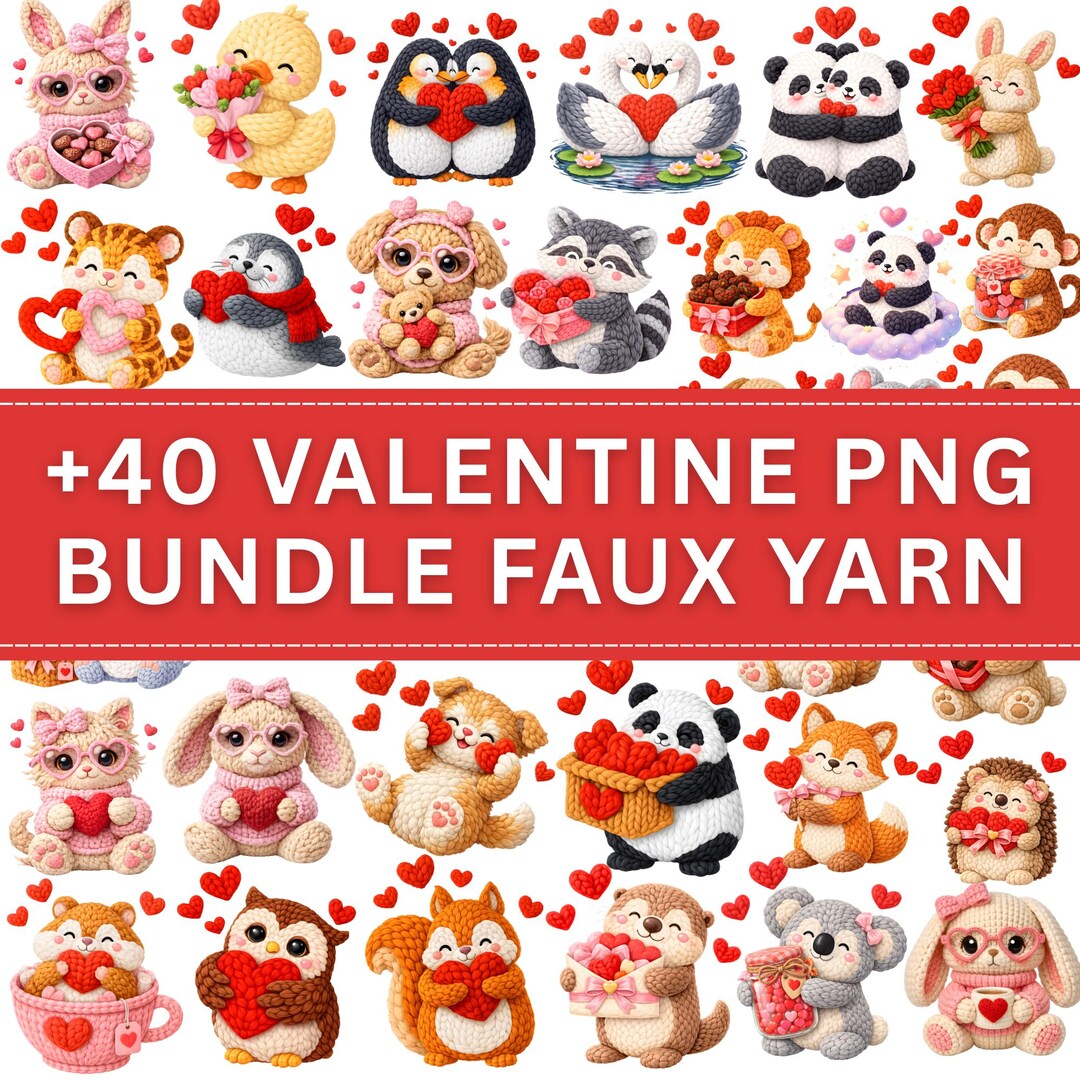 Valentine Faux Yarn PNG Bundle | 40+ Crochet Animal Valentine Designs ...