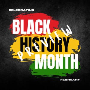 Può includere: Un design grafico che celebra il Black History Month a febbraio. Il testo è scritto in nero, bianco e rosso su uno sfondo giallo, verde e rosso.