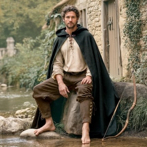 Medieval Men Clothes - Hooded Cape Cloak, Lae-Up Shirt Tunic, Pants Trousers. Renaissance Faire Fantasy LARP Cosplay, Viking Warrior Costume