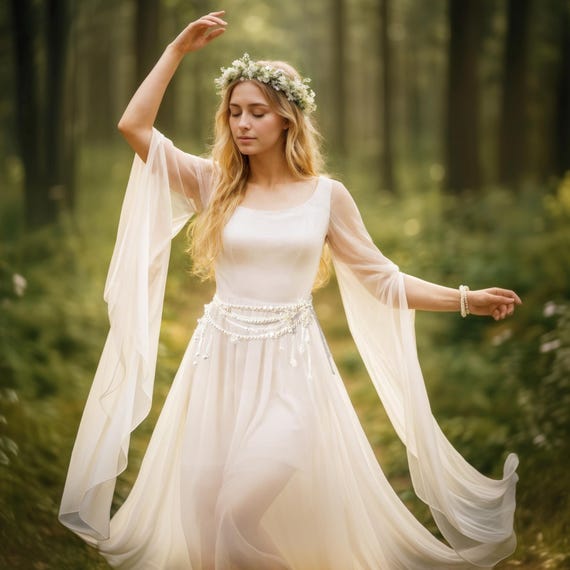 Medieval Fantasy Elven Dress & Pearl Belt, Renfaire Cosplay Elf Outfit, Women Halloween Costume, Fairytale LARP White Long Tulle Fairy Gown