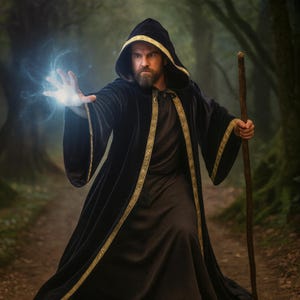 Fantasy Zauberer Robe mit Kapuze, Schwarzer Samt-Kapuzen-Magierumhang, Mittelalter-Maxi-Umhang LARP Cosplay, Unisex-Erwachsener Zauberer-Halloween-Kostüm