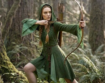 Forest Fairy Elven Green Hooded Dress, Medieval Renfaire Fantasy Cosplay, Women Woodland Pixie Costume