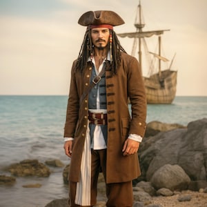 Men Pirate Costume Full Set for Halloween Party with Jack Wig & Hat, LARP Fantasy Pirate Captain Suit Coat, Renaissance Faire Cosplay Outfit