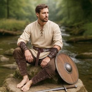 Medieval Viking Men Outfit - Knight Shirt Tunic, Ranger Pants Trousers & LARP Cosplay Armor Leather Accessories. Warrior Halloween Costume