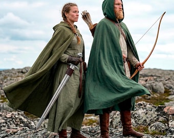 Capa verde medieval con capucha, cosplay de feria renacentista, abrigo con capucha LARP SCA