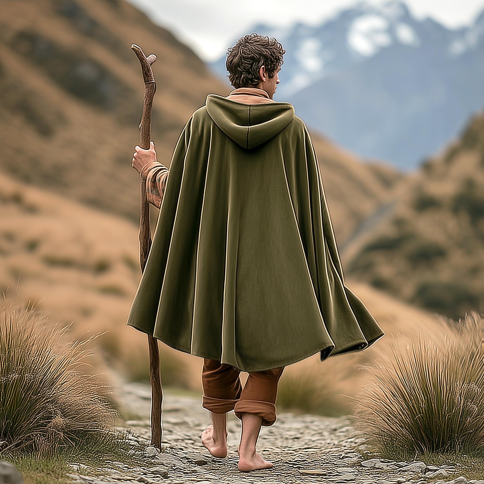 ホビット用フォレストグリーンベルベットフード付きマント、中世ロール