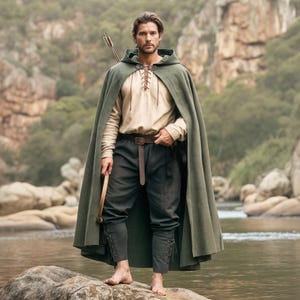 Medieval Ranger Full Outfit - Hooded Cape Cloak, Knight Shirt Tunic & Pants Trousers of Linen Cotton. Renaissance Fantasy LARP Men Cosplay