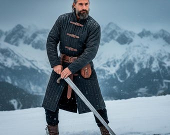 Medieval Aketon Coat: Renfaire Men Quilted Gambeson, SCA Historical Reenactment Cosplay, LARP Warrior Padded Armor Jacket, Utility Gear Belt