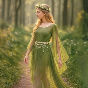 Forest Fairy Elven Green Dress, Medieval Renfaire Long Tulle Chiffon Gown, Halloween Women Pixie Costume, Woodland Fairytale Fantasy Cosplay