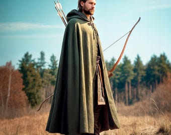 Capa medieval con capucha para cosplay renacentista de fantasía, fiesta temática de Renfaire o Halloween, atuendo LARP para hombre Ranger, abrigo de lino con capucha