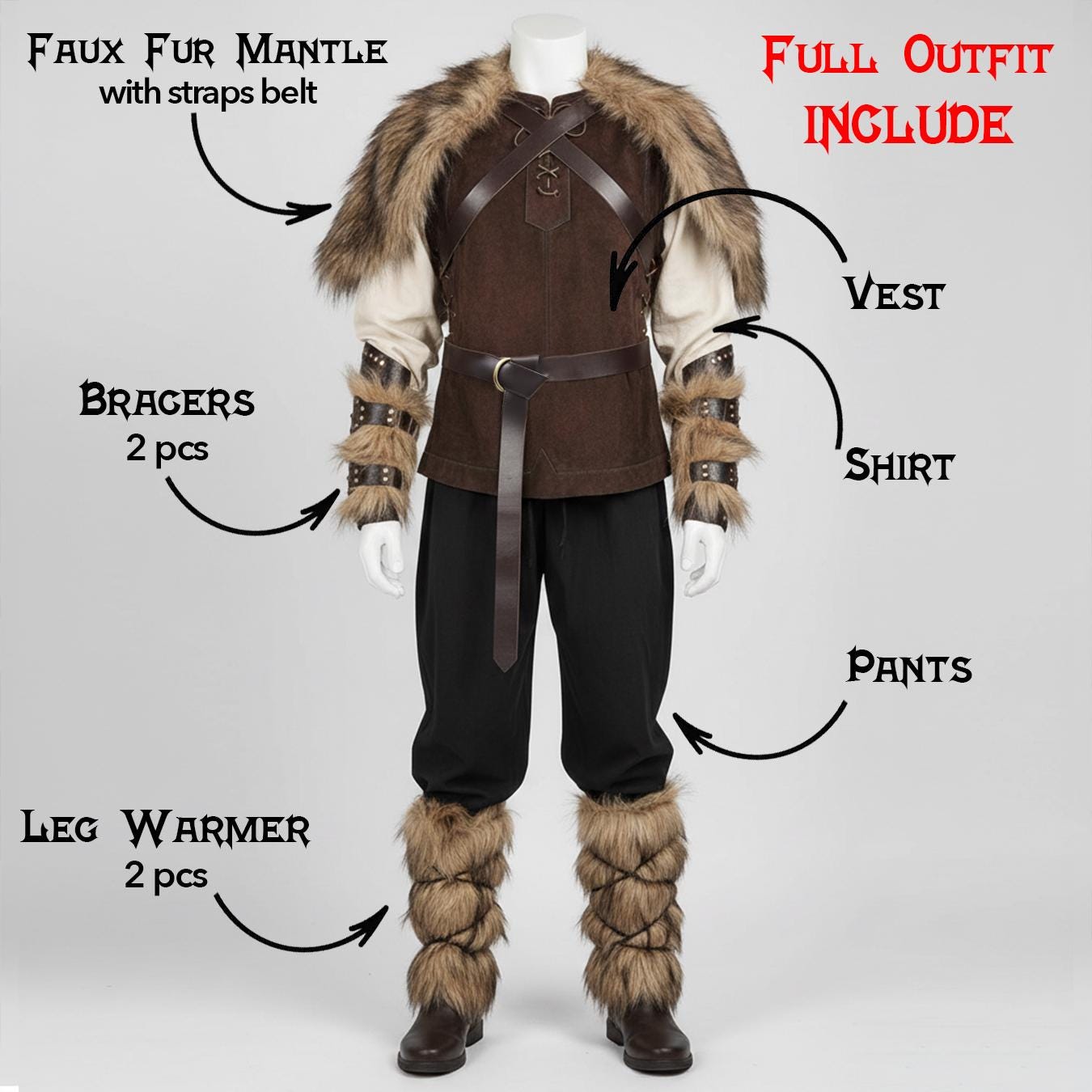 Joyincoser 5 costumi vichinghi da uomo, scialle in pelliccia vichinga, collare, bretelle, cintura, guerriero vichingo, costume medievale rinascimentale, per Halloween, LARP, cosplay, regali vichinghi