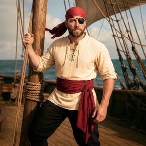 May include: A pirate costume featuring a cream-colored peasant shirt with a lace-up neckline, black pants, and a burgundy sash. The pirate wears a red bandana, an eye patch, and stands on a wooden ship deck.