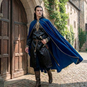 May include: A person wearing a black tunic with gold embroidery, a brown belt, and a blue cape with gold trim. The person is also wearing brown boots and holding a sword. The setting appears to be outdoors near a stone building.