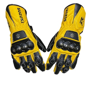Guantes de moto Suzuki Racing de cuero amarillo y negro, equipo de protección