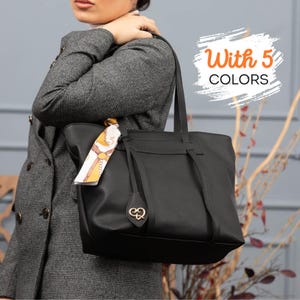 Elegant Leather Tote Bag with Colorful Scarf Detail I Large Genuine Leather Shoulder Bag I Office Bag for Women ISoft Vegan Leather Tote Bag