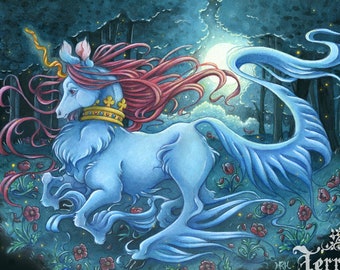 Open Edition Print:  Moonlit Run- Fantasy Nighttime Forest - Open Edition Art Print by Heather R. Hitchman
