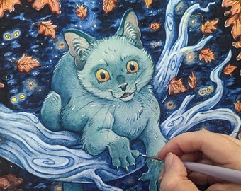 Giclee Spooky Halloween Print: The Charming Cat- Limited Edition -Crystal & Metallic Paint Embellished -Terratoff Art by Heather R. Hitchman