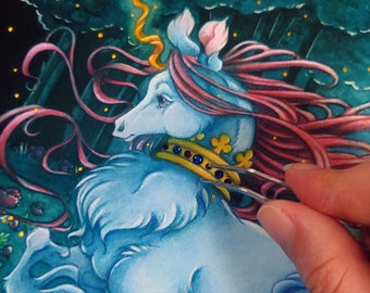Giclee Unicorn Print: Moonlit Run- Limited Edition - Swarovski & Gold Water Color Embellished Print - Terratoff Art by Heather R. Hitchman