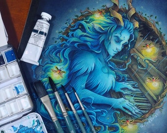 Original Painting: Blue Hair & Piano - Watercolor, Gouache, Colored Pencil Faun Painting on Hot Press -Terratoff Art by Heather R. Hitchman