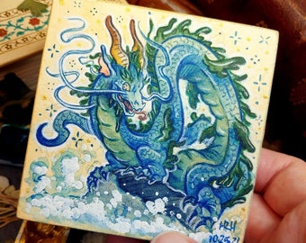 Original 3x3 Painting: "Rotten Leviathan" -Watercolor & Charcoal Dragon Mounted Hot Press Watercolor -Terratoff Art by Heather R. Hitchman
