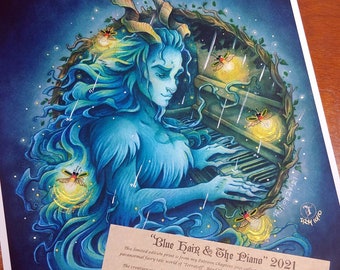 Giclee Faun Print: Blue Hair and Piano - Limited Edition - Swarovski & Gold + Silver Paint Embellished - by Heather R. Hitchman