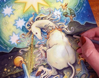 Original Painting: The Star Tarot Unicorn - Watercolor, Gouache, Colored Pencil Painting on Hot Press -Terratoff Art by Heather R. Hitchman