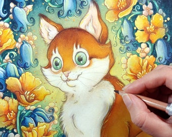 Giclee Cat Print: Calen the Cat- Limited Edition - Gold Water Color Embellished Print - Terratoff Art by Heather R. Hitchman