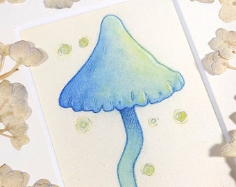 Original ACEO Painting: "Blue Mushroom" -Watercolor & Colored Pencil Mushroom on Hot Press Watercolor -Terratoff Art by Heather R. Hitchman